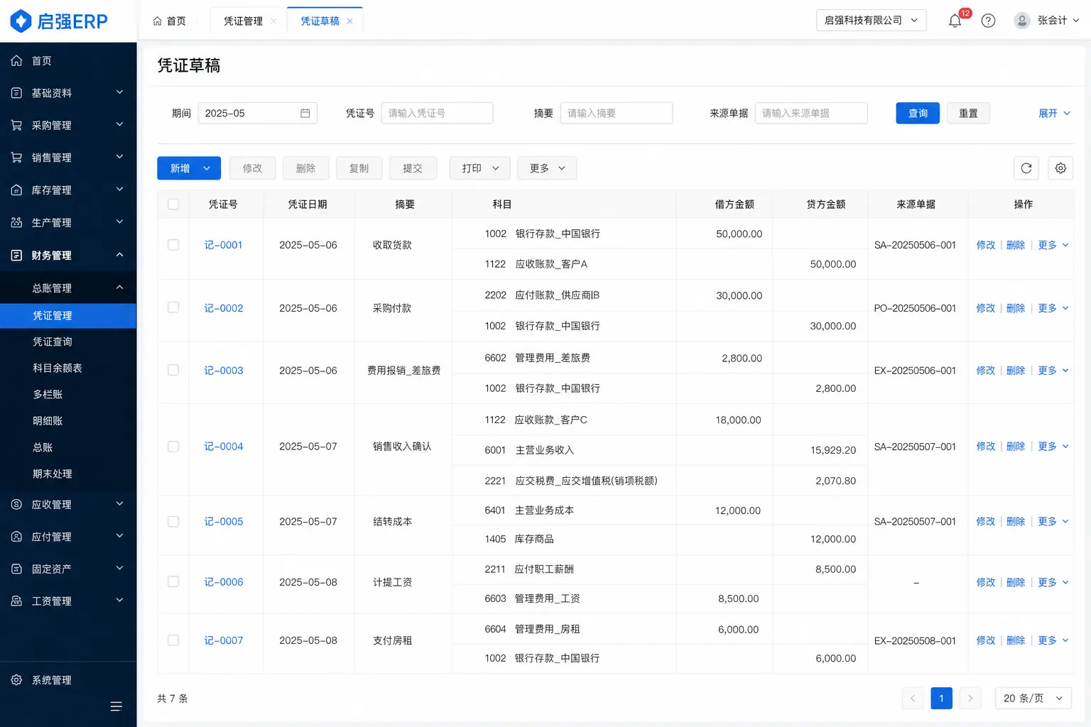 明曦ERP凭证草稿界面